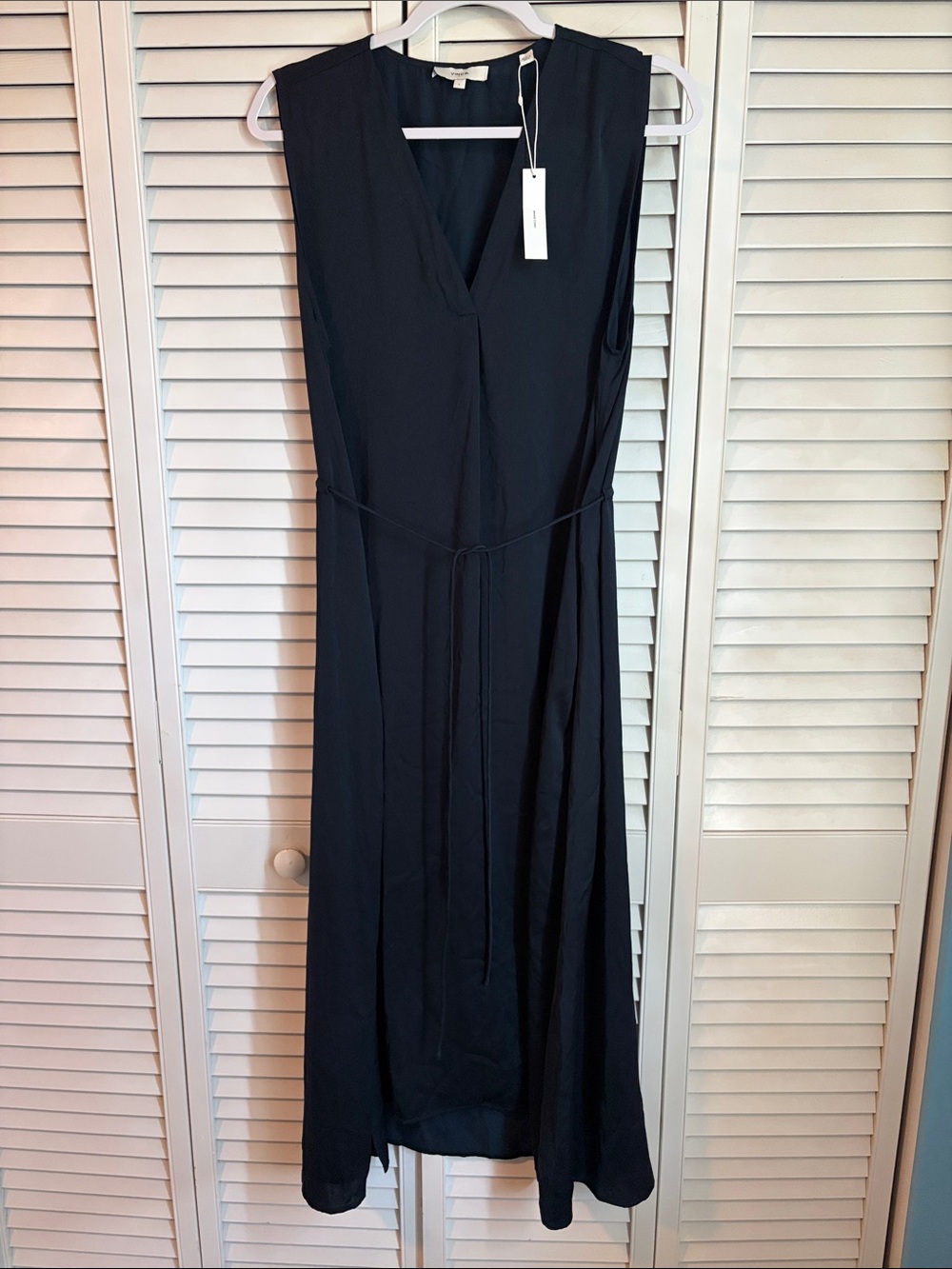 Vince Women’s Navy Large Tie Waist V Neck Midi Dress Shift Sleeveless New